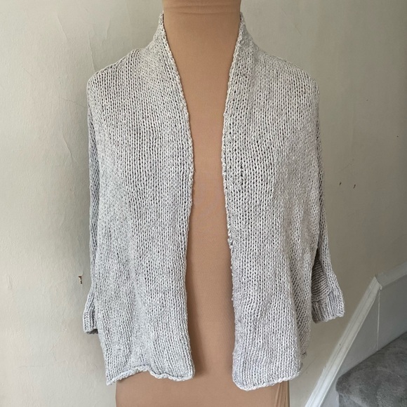 Eileen Fisher Light Gray Cotton Linen Knit Short Sleeve Open Cardigan Sweater PL - Picture 1 of 8